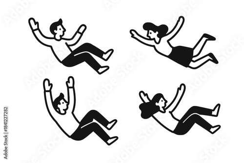 Four stylized figures floating or falling through the air in dynamic poses