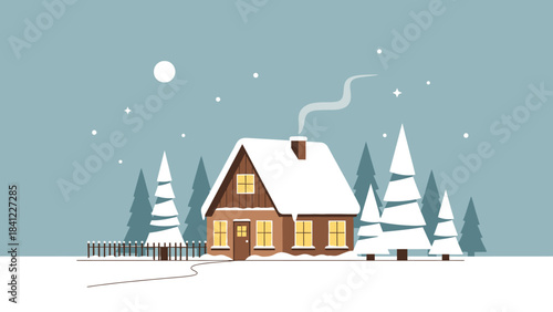 Cozy wooden house nestled in a serene winter wonderland scene.