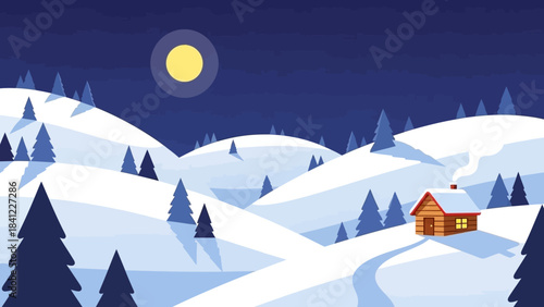 Cozy Wooden Cabin Nestled in Snowy Winter Landscape Under a Full Moon.