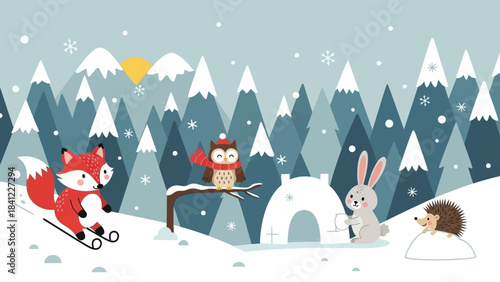 Cute cartoon animals enjoying winter activities in a snowy forest.