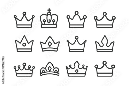 Diverse collection of royal crowns and tiaras featuring simple outline style symbols