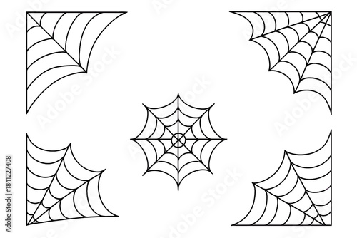 Spooky black cobweb set with four corner elements and central circular spider web