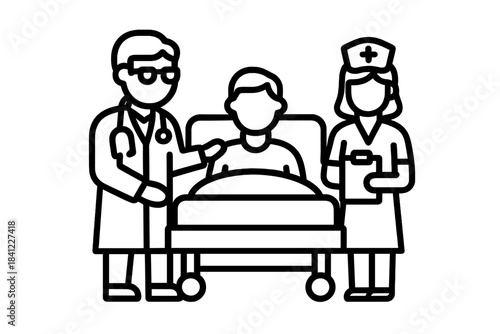 Doctor and nurse attending to a patient lying in a hospital bed during a medical consultation