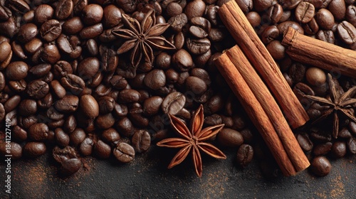 Wallpaper Mural Close-Up View of Coffee Beans, Anise Stars, and Cinnamon Sticks on Dark Background for Culinary and Beverage Themes Torontodigital.ca