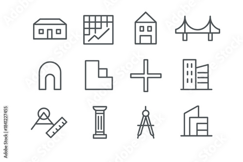 Line icons of architecture, construction, engineering, buildings, and drafting tools