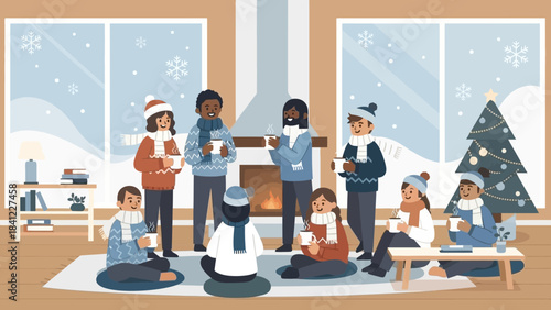 Diverse group of people enjoying a cozy winter gathering indoors.