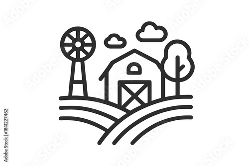 Rural landscape scene depicting a barn, windmill, and cultivated fields on rolling hills