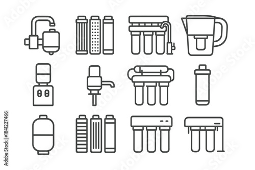 Outline symbols representing home water purification, filtration systems, and water dispensers