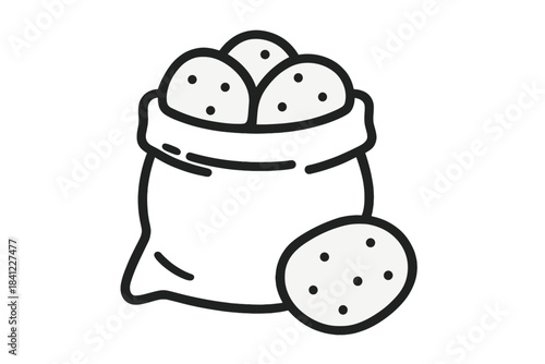 Simple black graphic of a burlap sack overflowing with fresh raw potatoes