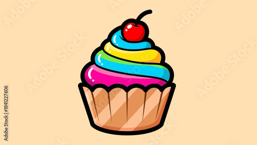 Colorful Cartoon Cupcake with Cherry Topping Illustration.
