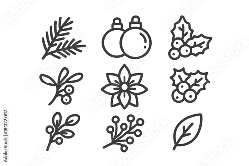 Minimalist outline symbols of Christmas plants, holly, berries, and festive ornaments