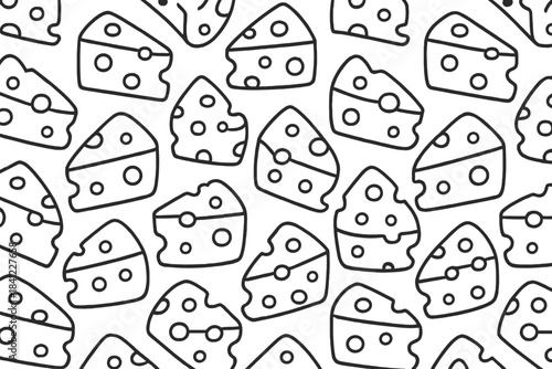 Black and white seamless pattern of cartoon cheese slices with holes