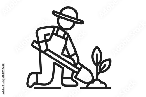 Minimalist line art of a gardener planting a small seedling in the soil using a shovel
