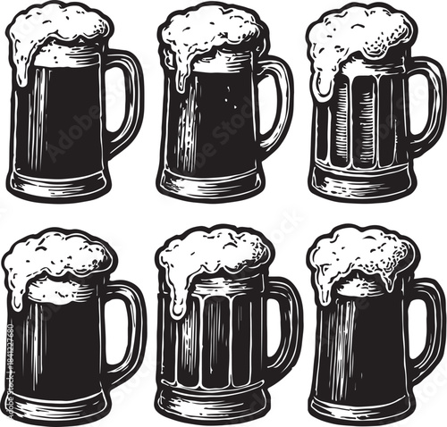 Vintage Woodcut Set of Six Foaming Beer Mugs Hand Drawn Black and White Pub or Oktoberfest Vector Icon Collection