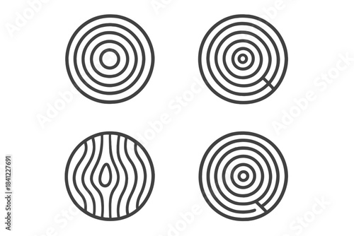 Simple line art wood cross sections depicting tree growth rings and grain patterns
