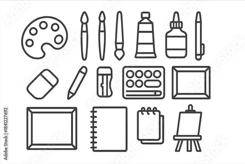 Line icons set of art supplies and creative tools for painting and drawing