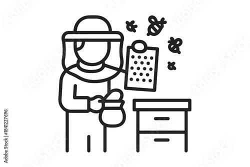 Beekeeper in protective suit checking beehive activity and recording data