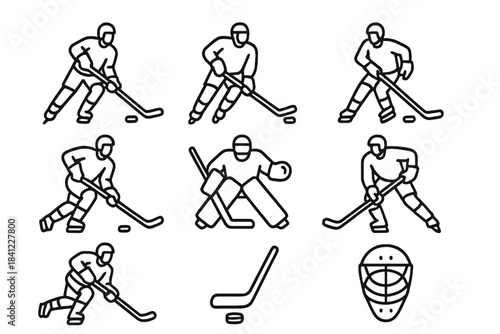 Black and white line icons of ice hockey players goalie stick and puck