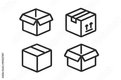 Outline graphics showing different states of shipping and delivery cardboard boxes