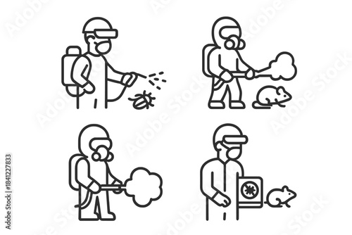 Professional pest control and extermination workers dealing with insects and rodents