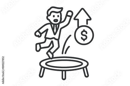 Businessman jumping high off a trampoline symbolizing financial market growth and success