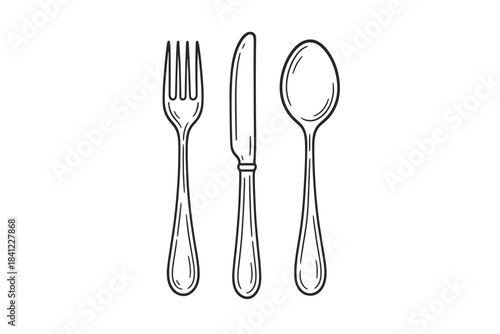 Elegant outline drawing of essential dining silverware set including fork, knife, and spoon