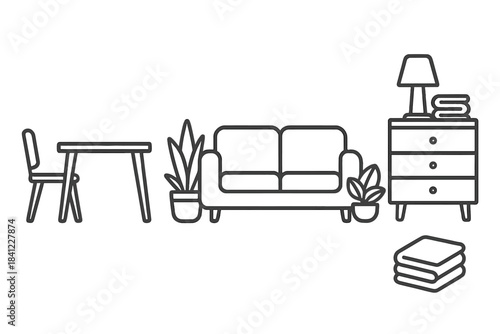 Minimalist outline set of living room and dining furniture and household decor elements