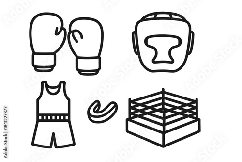 Outline icons set of essential boxing equipment and fighting accessories