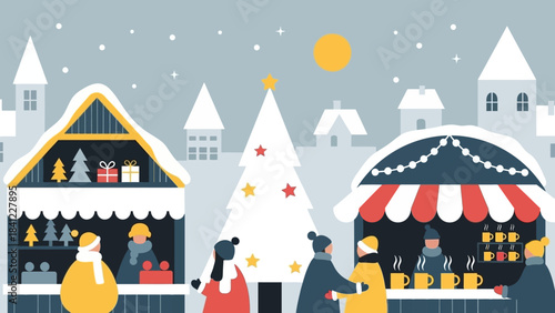 Festive Christmas Market Scene with Stalls and Shoppers.
