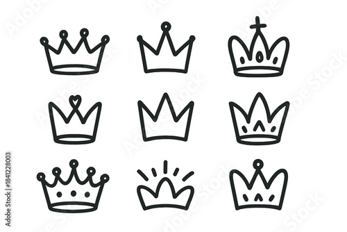 Simple black line drawings of nine different king and queen crowns symbolizing royalty and power