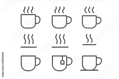Minimalist line icons set for hot drinks, coffee, tea, and steam symbols in UI design