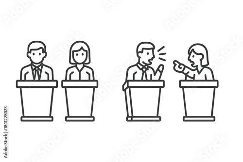 Public speaking, political debate, and conflict icons at a conference podium