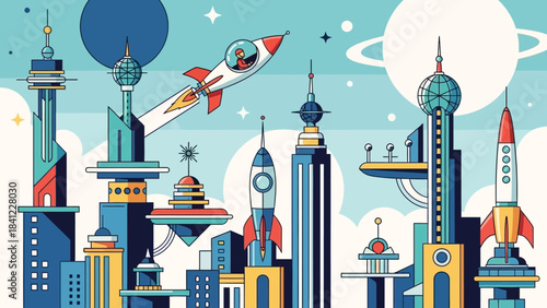 Futuristic Cityscape with Rockets and Advanced Architecture.