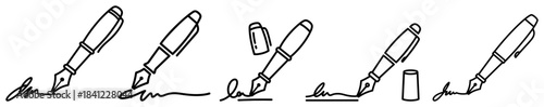 Set of fountain pen writing signature icons in simple line art style for business contract concept
