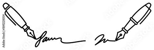 Fountain pen writing signature line art illustration for legal agreement or authorization concept