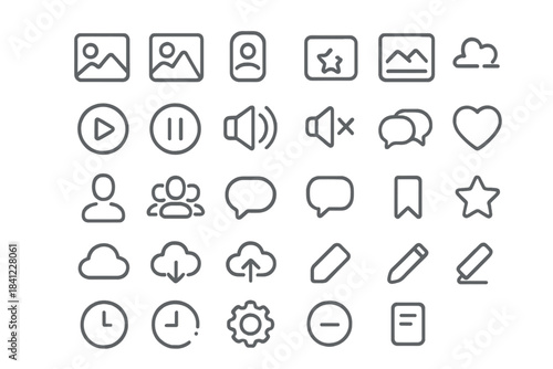 Essential user interface icons set for web and mobile applications including media, communication, and utility symbols