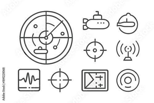Outline icons set depicting naval warfare submarine operations and military targeting systems