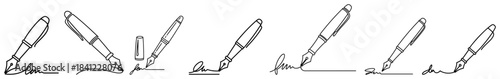 Collection of fountain pen signing document icons featuring various signature strokes in vector line art style