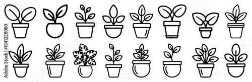 Potted Houseplant Icon Set Line Art Vector – Indoor Plant Outline Illustrations