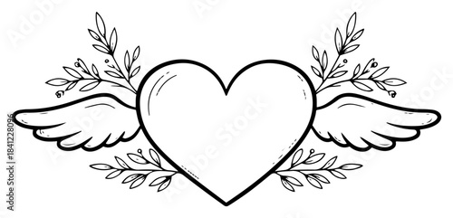 Heart With Wings Floral Line Art Vector – Love Symbol With Leaves