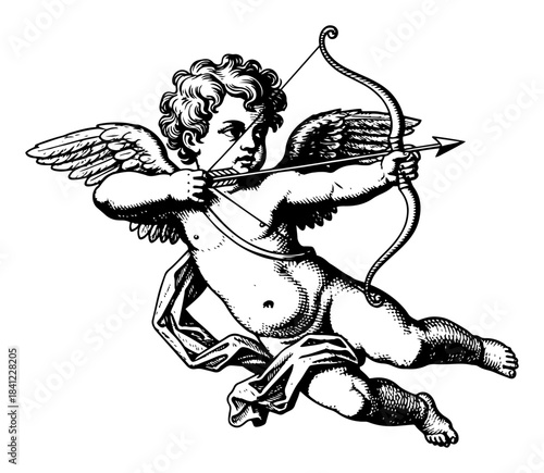 Cupid shooting bow and arrow vintage engraving style vector illustration for Valentines Day design representing love and romance