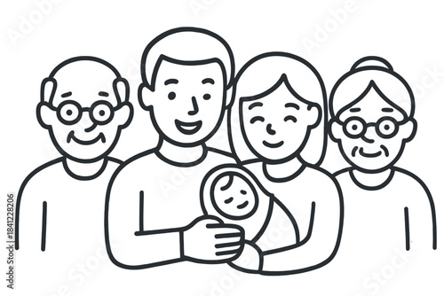 Multi-generational family portrait with grandparents parents and newborn baby smiling happily