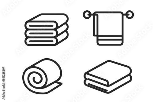 Outline symbols of folded, stacked, rolled, and hanging bath towels and linens for spa and hygiene