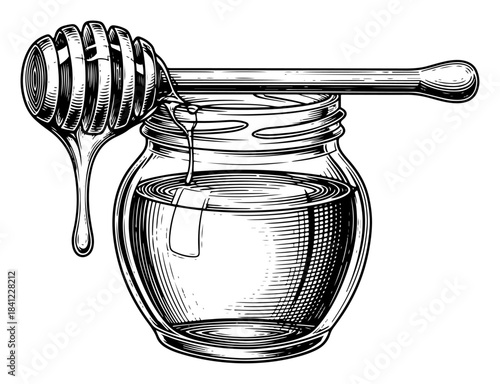 Glass jar full of honey with wooden dipper in vintage engraving style black and white vector food illustration