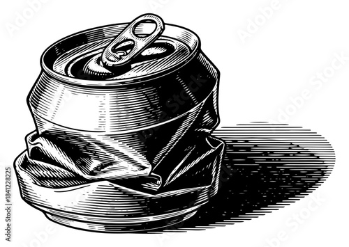 Crushed aluminum beverage can isolated on white background in detailed vintage engraving style