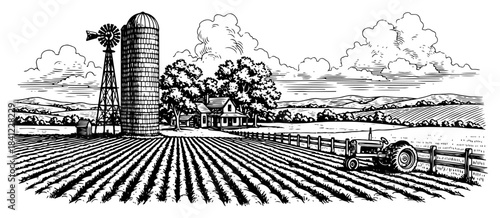 Rural farm landscape with tractor plowing field and silo tower in vintage woodcut style
