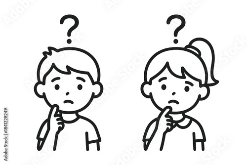Confused boy and girl thinking deeply with question marks symbolizing doubt and inquiry