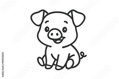 Cute smiling baby piglet character sitting down, cheerful farm animal design for kids