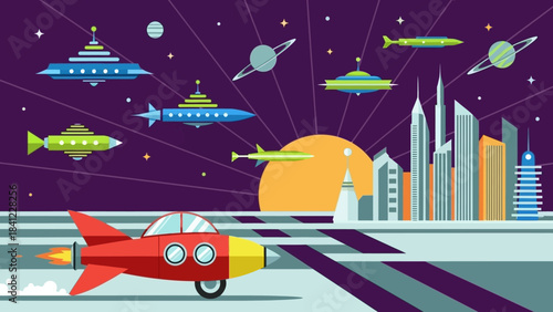 Red Rocket Spaceship on a Futuristic Road with Cityscape.