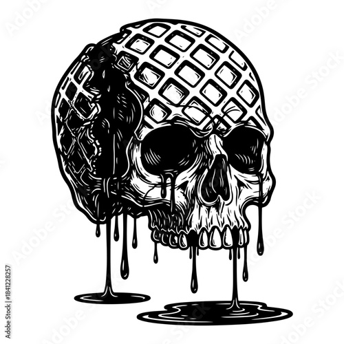 Surreal melting waffle skull with dripping syrup vector illustration for halloween or streetwear design